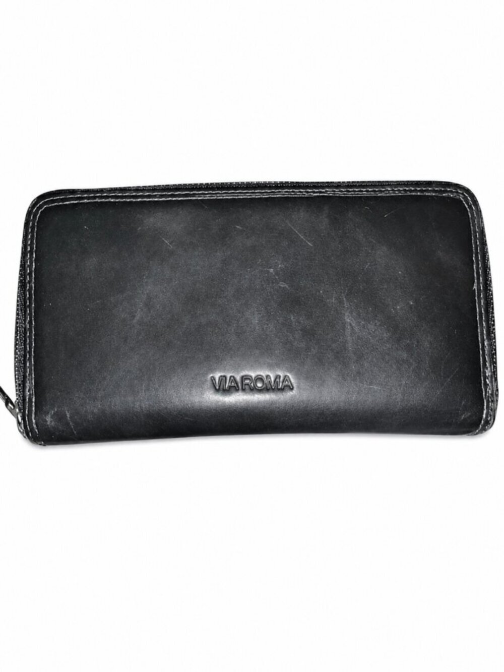 Black Via Roma Genuine Leather Wallet Zip Pockets Card Holder Lined